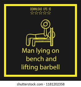 Man lying on bench and lifting barbell sketch vector icon