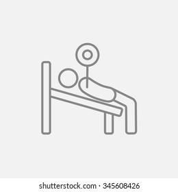 Man lying on bench and lifting barbell line icon for web, mobile and infographics. Vector dark grey icon isolated on light grey background.