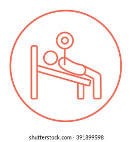 Man lying on bench and lifting barbell line icon.
