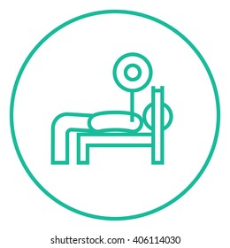 Man lying on bench and lifting barbell line icon.