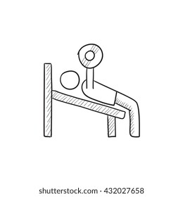 Mann, der auf der Bank liegt und die barbarische Vektorgrafik-Symbol einzeln auf dem Hintergrund anhebt. Handgezeichneter Mann, der eine Barbell-Ikone anhebt. Mann, der Grillskizze-Ikone für Infografik, Website oder App.