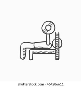 Man lying on bench and lifting barbell vector sketch icon isolated on background. Hand drawn Man lifting barbell icon. Man lifting barbell sketch icon for infographic, website or app.