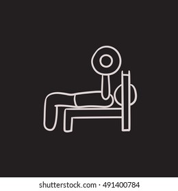 Man lying on bench and lifting barbell vector sketch icon isolated on background. Hand drawn Man lifting barbell icon. Man lifting barbell sketch icon for infographic, website or app.