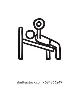 Man lying on bench and lifting barbell vector sketch icon isolated on background. Hand drawn Man lifting barbell icon. Man lifting barbell sketch icon for infographic, website or app.