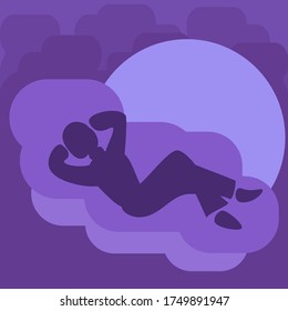 a man is lying on a cloud, человек летит на облаке в небе, a man dreams