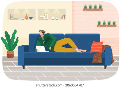 Man lying on couch with computer, holding laptop and correspondence surfing in Internet. Male character communicating with friends, studying remotely, sitting on sofa, relaxing, resting after work