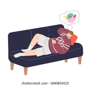 Man lying on couch and daydreaming relaxing and using imagination while having rest. Relaxed cartoon male character imagining and dreaming. Vector illustration