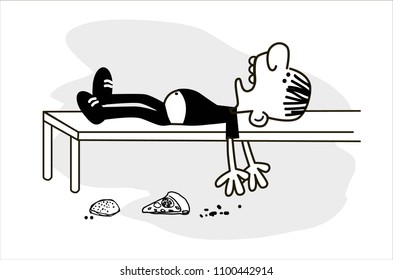 Man lying on couch, junk food lying on the floor, funny vector.