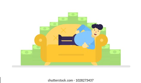 A man is lying on the couch near a pile of money, vector