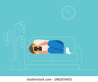 A man is lying on the couch and playing on a cellphone. flat design style minimal vector illustration.