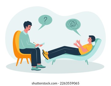 Man lying on a couch at a psychotherapist's appointment. Male psychotherapist sitting in front of the patient, listening to him and making notes. Psychotherapeutic practice, psychological assistance