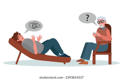Man lying on a couch at a psychotherapist's appointment. Male psychotherapist sitting in front of the patient, listening to him and making notes. Psychotherapeutic practice, psychological assistance