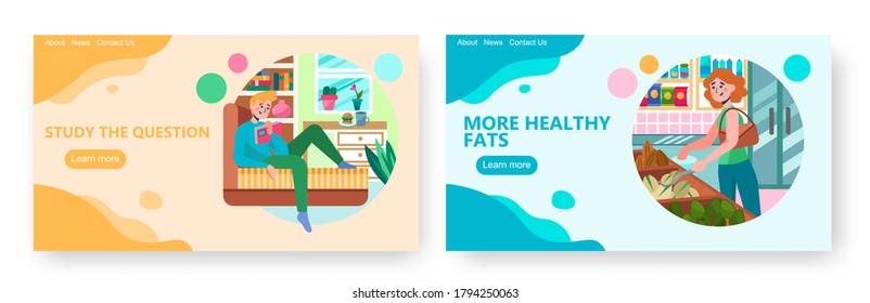 Man lying on a couch and reading a book. Woman buys nuts on a market. Concept illustration. Vector web site design template