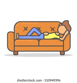 Man lying on couch in room flat style. Vector character on sofa line illustration.