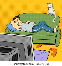 Man lying on couch sofa and lazy watching TV vector illustration. Comic book imitation