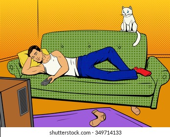 Man lying on couch sofa and lazy watching TV vector illustration. Comic book imitation