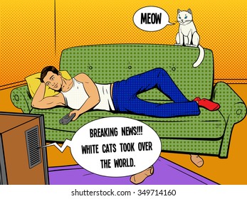 Man lying on couch sofa and lazy watching TV vector illustration. Comic book imitation