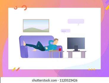 Man lying on the couch and watching TV. Guy relaxes at home with pizza and soda. Mobile chat. Conceptual Modern and Trendy colorful illustration for landing page. Web template.