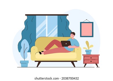 Man lying on the couch working from home in modern interior. Freelance, self employed or studying concept. Flat vector illustration