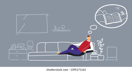 man lying on couch young guy relaxing on sofa listening audio book through headphones modern living room interior male cartoon character full length sketch doodle horizontal