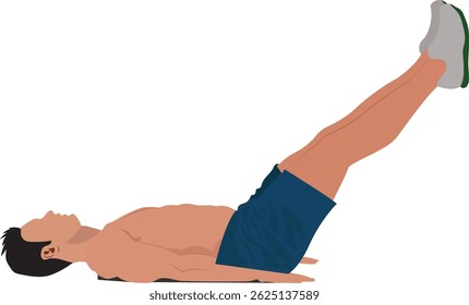 Homem deitado no chão e fazendo exercícios abdominais inferiores. Exercício estomacal. Belly gordura queima exercício vetor ilustração.