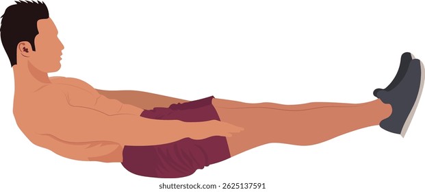 Homem deitado no chão e fazendo exercícios abdominais inferiores. Exercício estomacal. Belly gordura queima exercício vetor ilustração.
