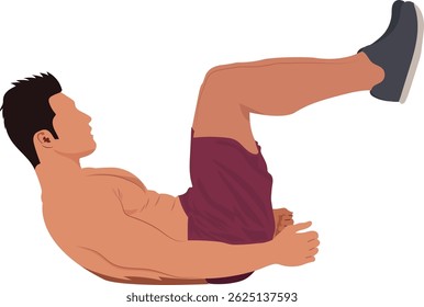 Homem deitado no chão e fazendo exercícios abdominais inferiores. Exercício estomacal. Belly gordura queima exercício vetor ilustração.