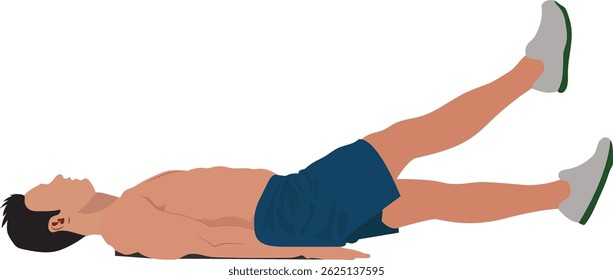 Homem deitado no chão e fazendo exercícios abdominais inferiores. Exercício estomacal. Belly gordura queima exercício vetor ilustração.