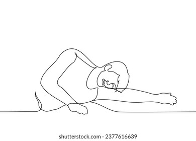 man lying on the floor or ground with a grimace of pain or crying - one line art vector. concept of being upset, hysterical on the floor