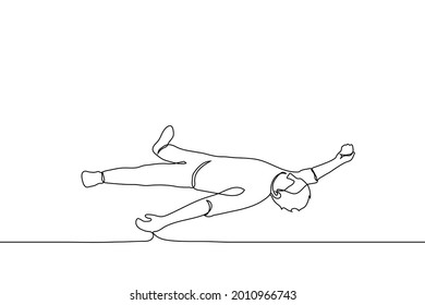 man lying on the floor on his back in a starfish (or angel) pose - one line drawing. concept of fatigue, impotence, mental or physical crisis, lying drunk 