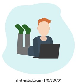 Mann, der mit Laptop auf dem Boden liegt. Vektorillustration.