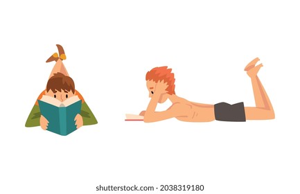 Man Lying on the Floor Reading Book Staying Home Vector Set