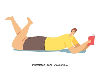 Man Lying on Floor Reading Book. University Student Prepare to Exam, Learning Classes, Male Character Back to School, Gaining Knowledge, Education or Hobby Concept. Cartoon Vector Illustration