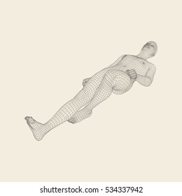 El hombre está mintiendo en el suelo. Es hora de relajarse. Hombre Relajante y Soñador. Modelo De Cuerpo Humano 3D. Ilustración vectorial. 