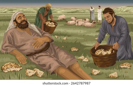 Man lying on grass, full up, while men gather fragments of leftover bread and a shepherd watches his flock.  Biblical image depicting Feeding of the 5000 and Jesus as Good Shepherd who feeds His flock