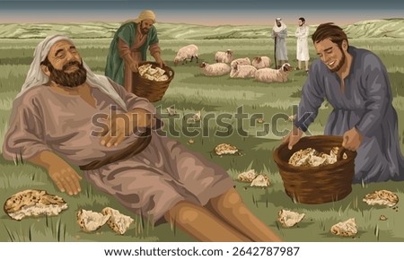 Man lying on grass, full up, while men gather fragments of leftover bread and a shepherd watches his flock.  Biblical image depicting Feeding of the 5000 and Jesus as Good Shepherd who feeds His flock