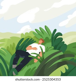 Man lying on green grass, relaxing in peaceful calm nature landscape. Sleeping male character dreaming under sky in tranquility and serenity in countryside. Outdoor leisure. Flat vector illustration