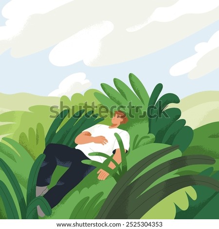 Man lying on green grass, relaxing in peaceful calm nature landscape. Sleeping male character dreaming under sky in tranquility and serenity in countryside. Outdoor leisure. Flat vector illustration