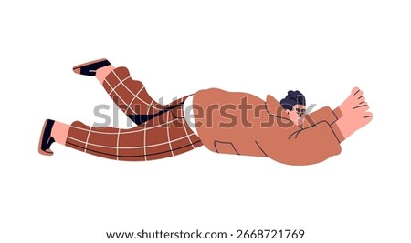 Man lying on ground after fall down. Unlucky clumsy fallen male character in awkward accident, slipping and stumbling. Failure and misfortune. Flat vector illustration isolated on white background