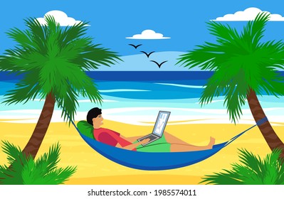 Man lying on a hammock with a laptop with a tropical cocktail. Freelancer and palms, remote work and freelancer concept