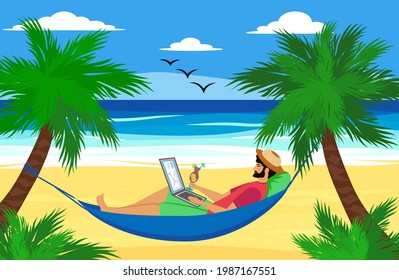 Hombre tendido en una hamaca con un ordenador portátil con un cóctel tropical. Autónomo y palmera, trabajo a distancia y concepto de autónomo