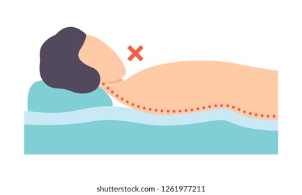 Man lying on his back, incorrect sleeping posture for neck and spine, unhealthy sleeping position vector Illustration