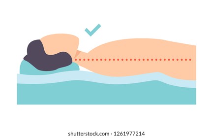 Man lying on his back, correct sleeping posture for neck and spine, healthy sleeping position, orthopedic mattress and pillow vector Illustration