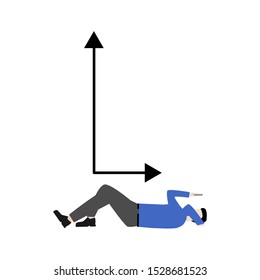 The man is lying on his back. Сurved arrow. Flat cartoon character isolated on white background