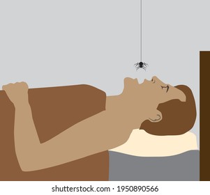 A man is lying on his back asleep with a spider hovering overhead