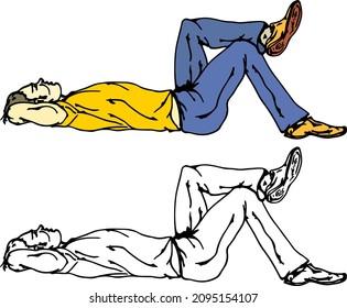 Man man lying on his back with crossed leg staring into the sky. Hand drawn vector illustration.