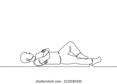 man lying on his back arms crossed one leg bent - one line drawing vector. concept of rest, procrastination, antiwork 