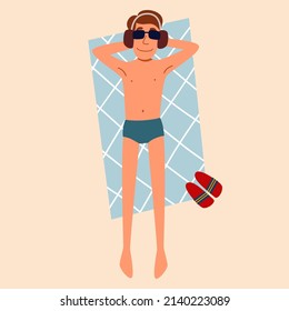 A Man Is Lying On His Back And Sunbathing On The Sand. Vector Isolated Illustration In A Flat Style