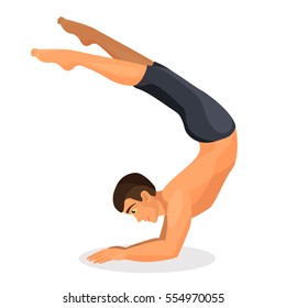 Man lying on his hands and dragging legs on top on white background. Vector illustration of isolated male person doing oriental sport exercise and standing on his arms, straight feet pulling out above