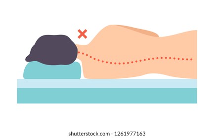 Man lying on his side, incorrect sleeping posture for neck and spine, unhealthy sleeping position vector Illustration